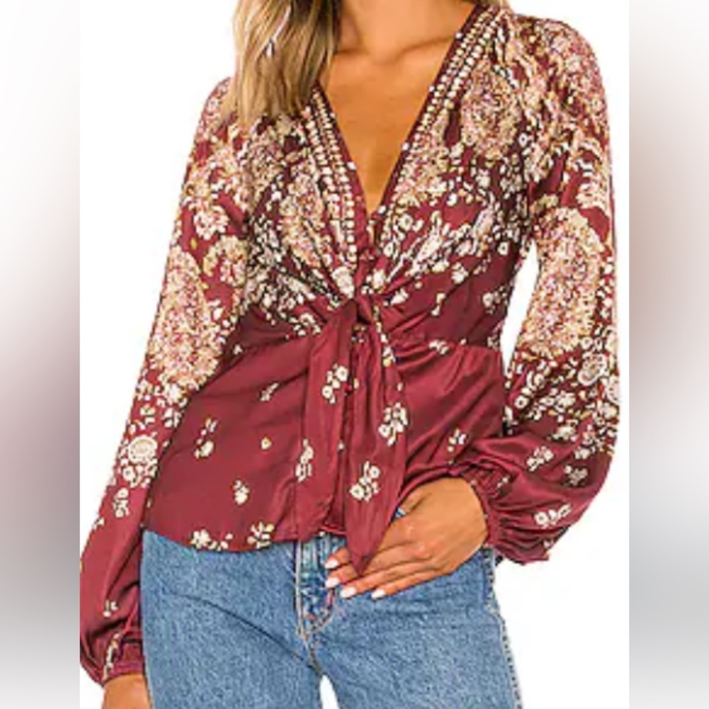 Free People Burgundy and Cream Bishop Sleeve Blouse with Tie Front